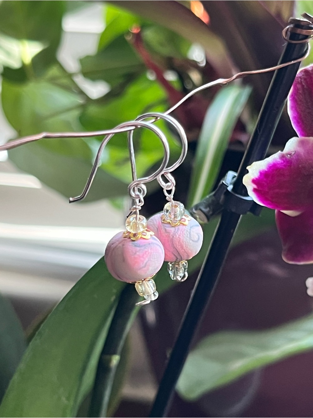 Handcrafted polymer clayPink Swirl Bead Drop Earrings - Women Jewelry